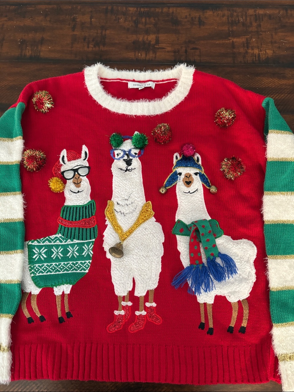 Hooked Up by IOT Red Llama Holiday Sweater with Green & Cream Stripes